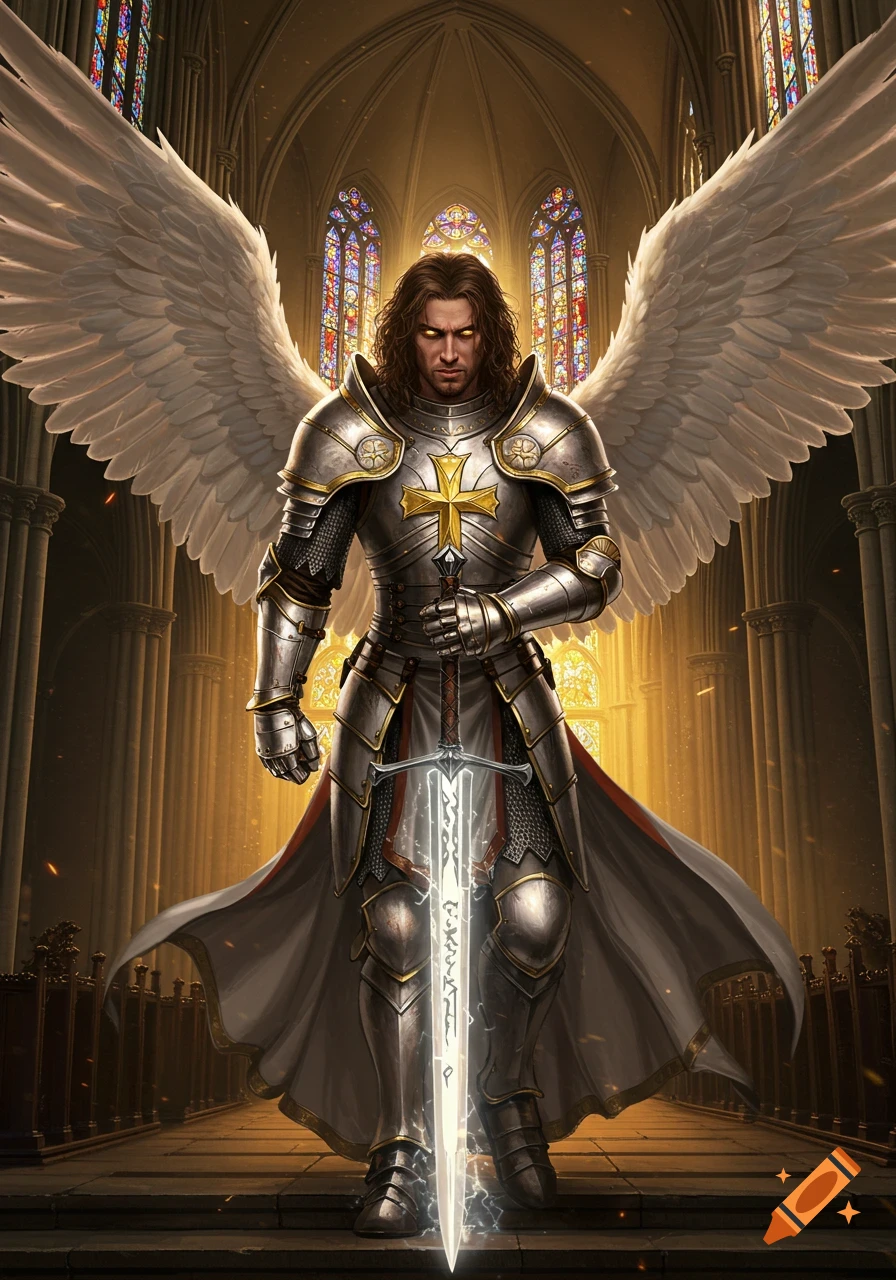 An ultra-realistic angel in white knight armor with a golden cross, glowing golden eyes, and large white wings stands in a cathedral, holding a glowing white sword with illegible symbols.
