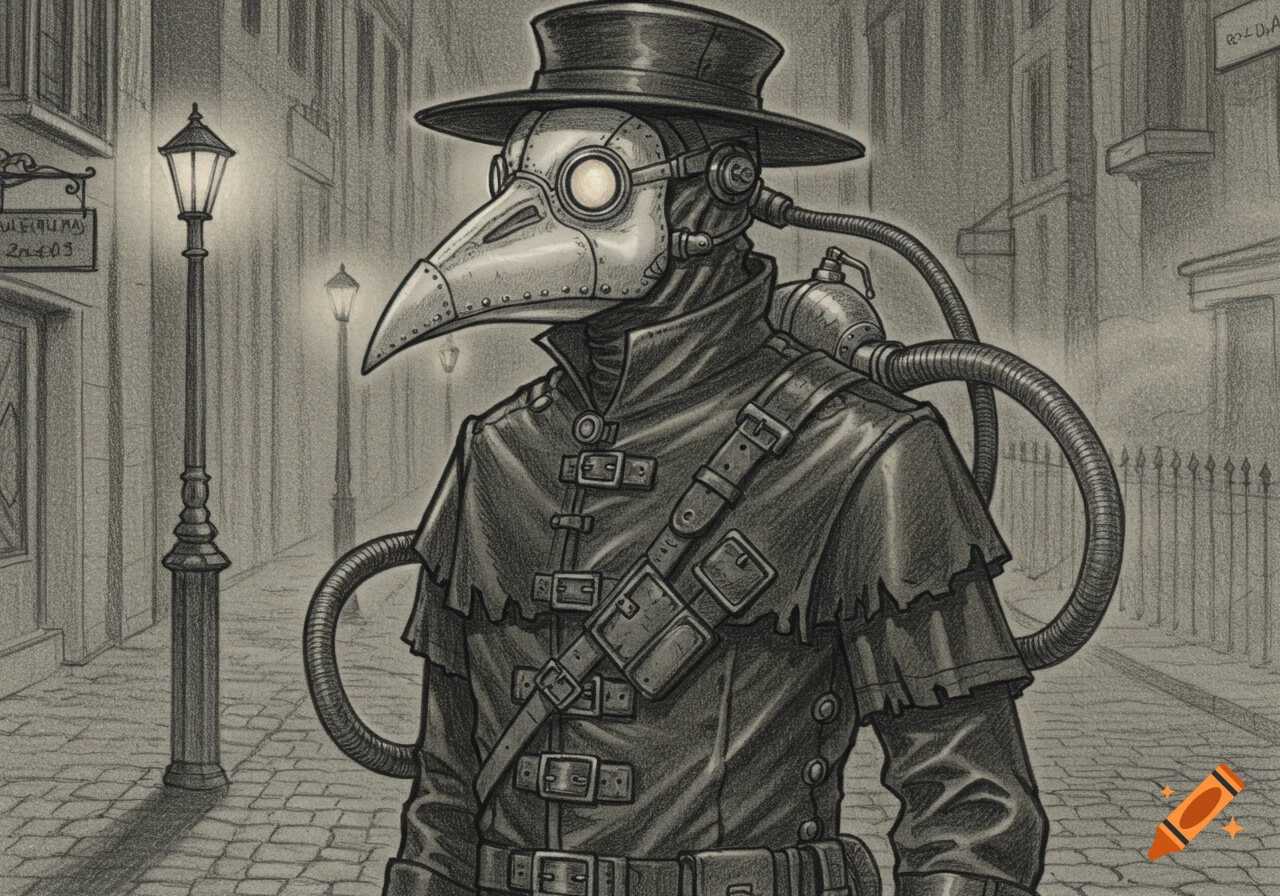 Pencil sketch of a dieselpunk plague doctor in a hat and bird-like mask, with tubes and straps, standing on a dimly lit cobblestone street.