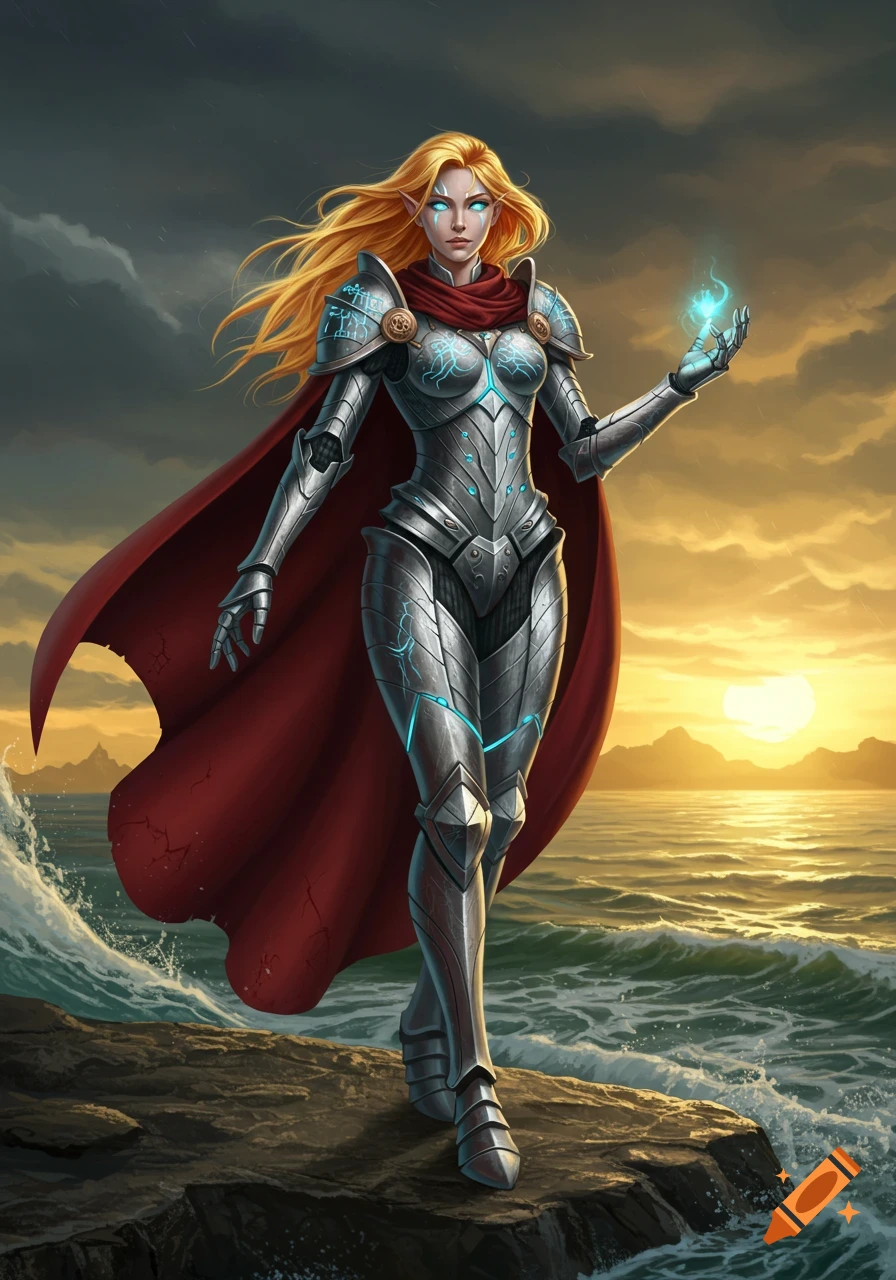 A blonde female warrior in gleaming silver and blue futuristic armor with a red cape stands on a rocky shore, holding blue magic as the sun sets over a stormy sea.