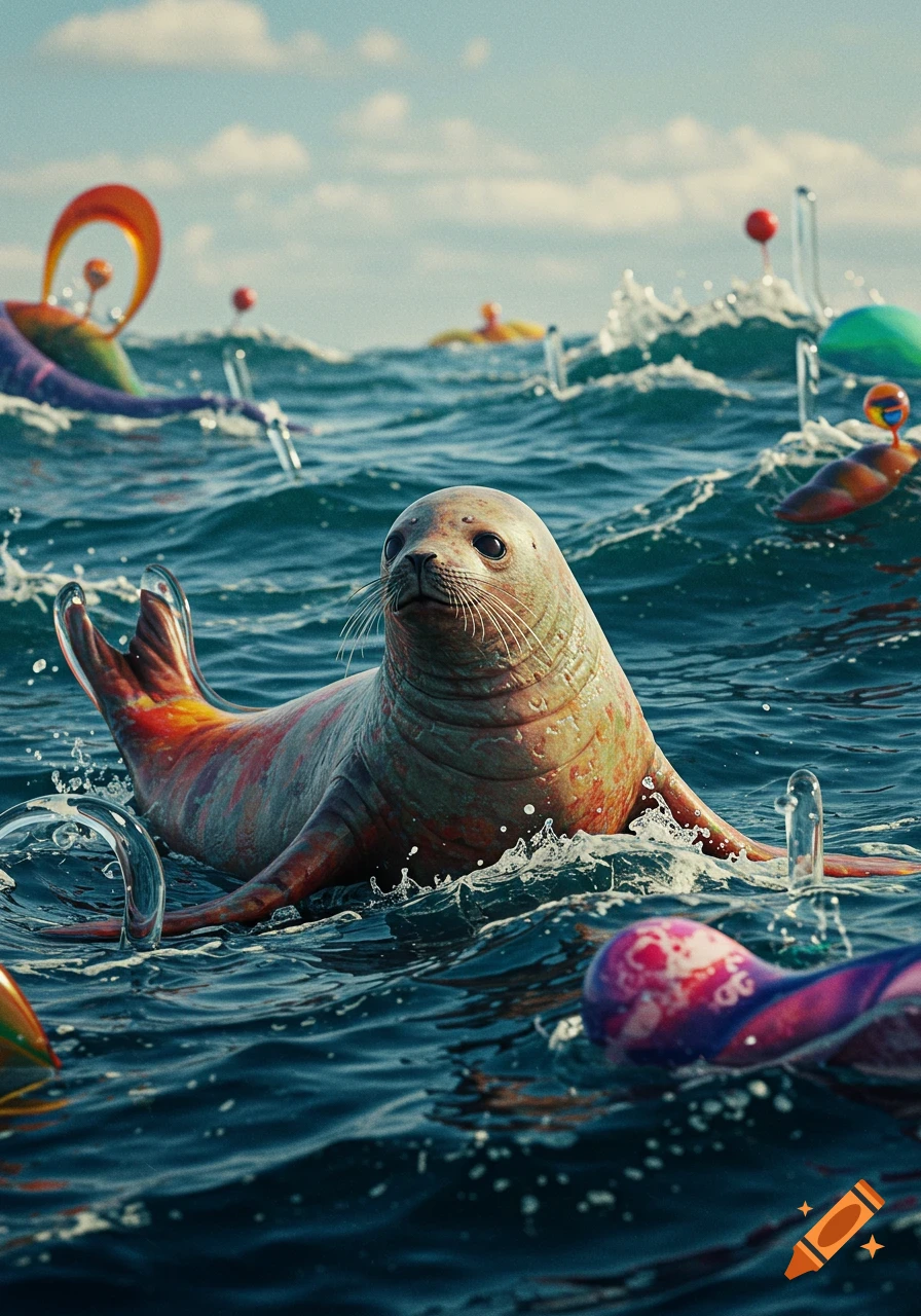 A detailed seal with colorful markings swims in a blue ocean with surreal, vibrant objects floating nearby.
