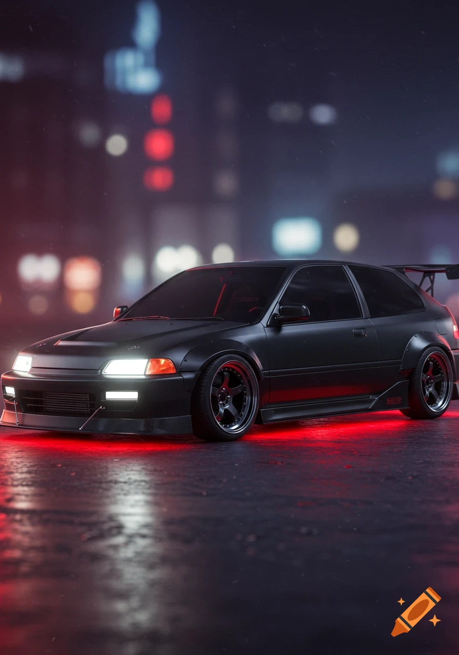 A matte black 1992 Honda Civic Si with a widebody kit, carbon fiber accents, custom matte black wheels, and glowing red underlights on a wet street at night with blurry city lights in the background.