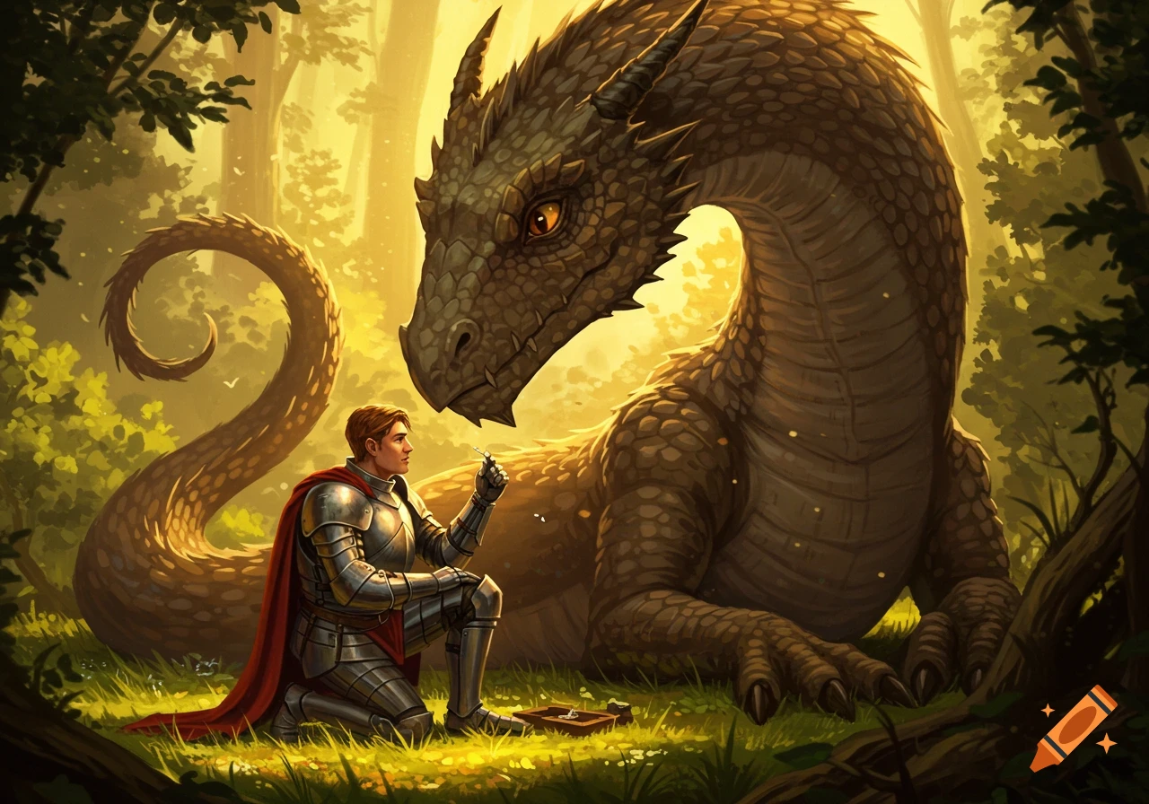 A knight kneels before a large dragon in a sunlit forest, appearing to tend to its face. Fantasy art.