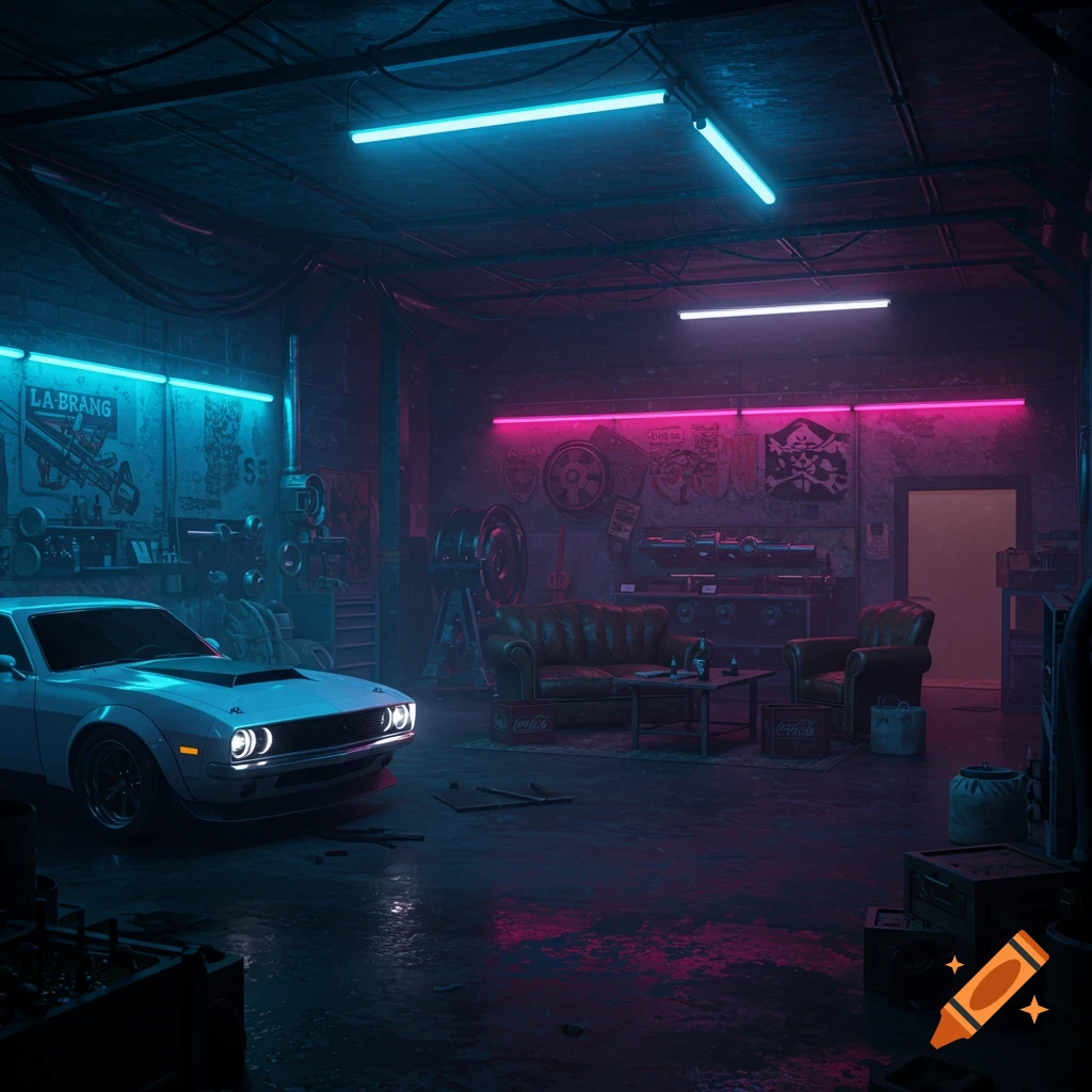 A dark, neon-lit industrial car garage with a white muscle car, a leather couch, and an armchair.