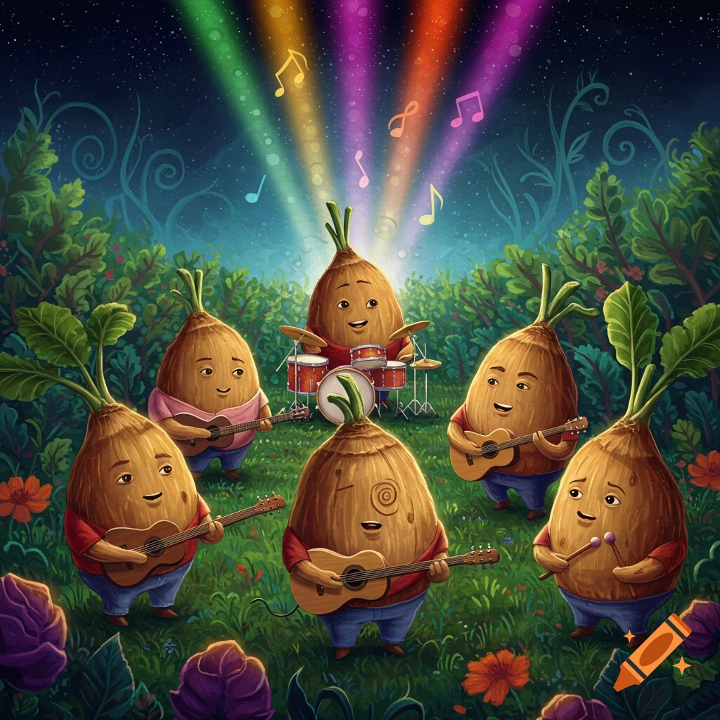 Cartoon yams form a band in a whimsical forest at night, playing instruments under colorful spotlights and musical notes.