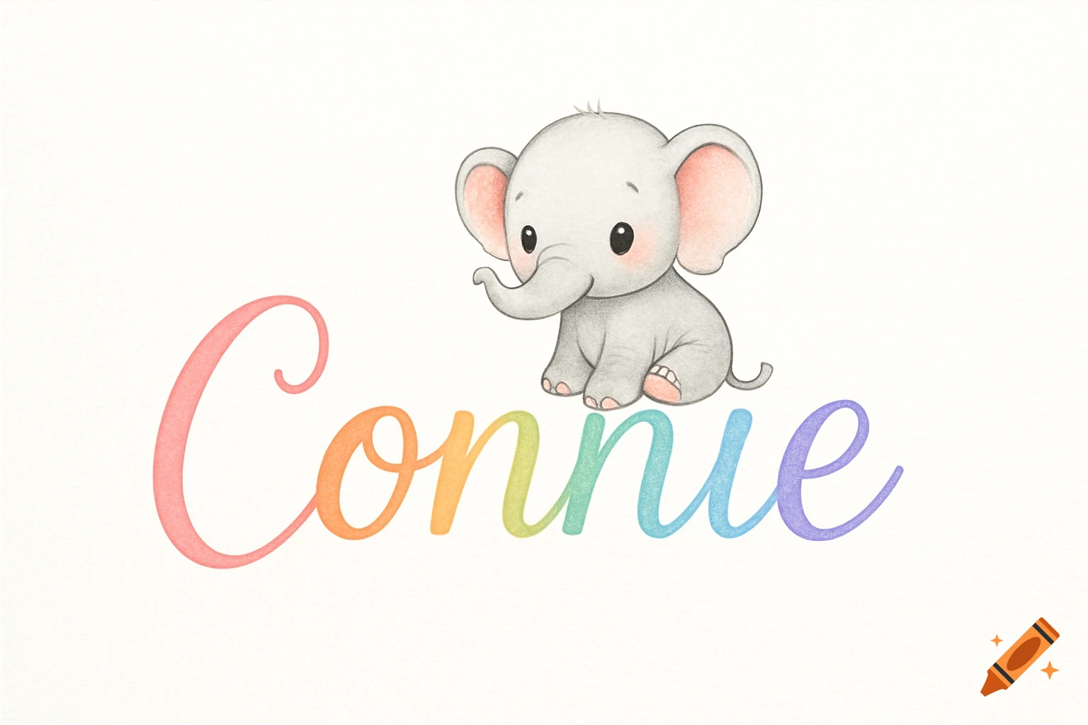 A cute, cartoon grey baby elephant sitting on the rainbow-colored cursive name 'Connie' against a white background.