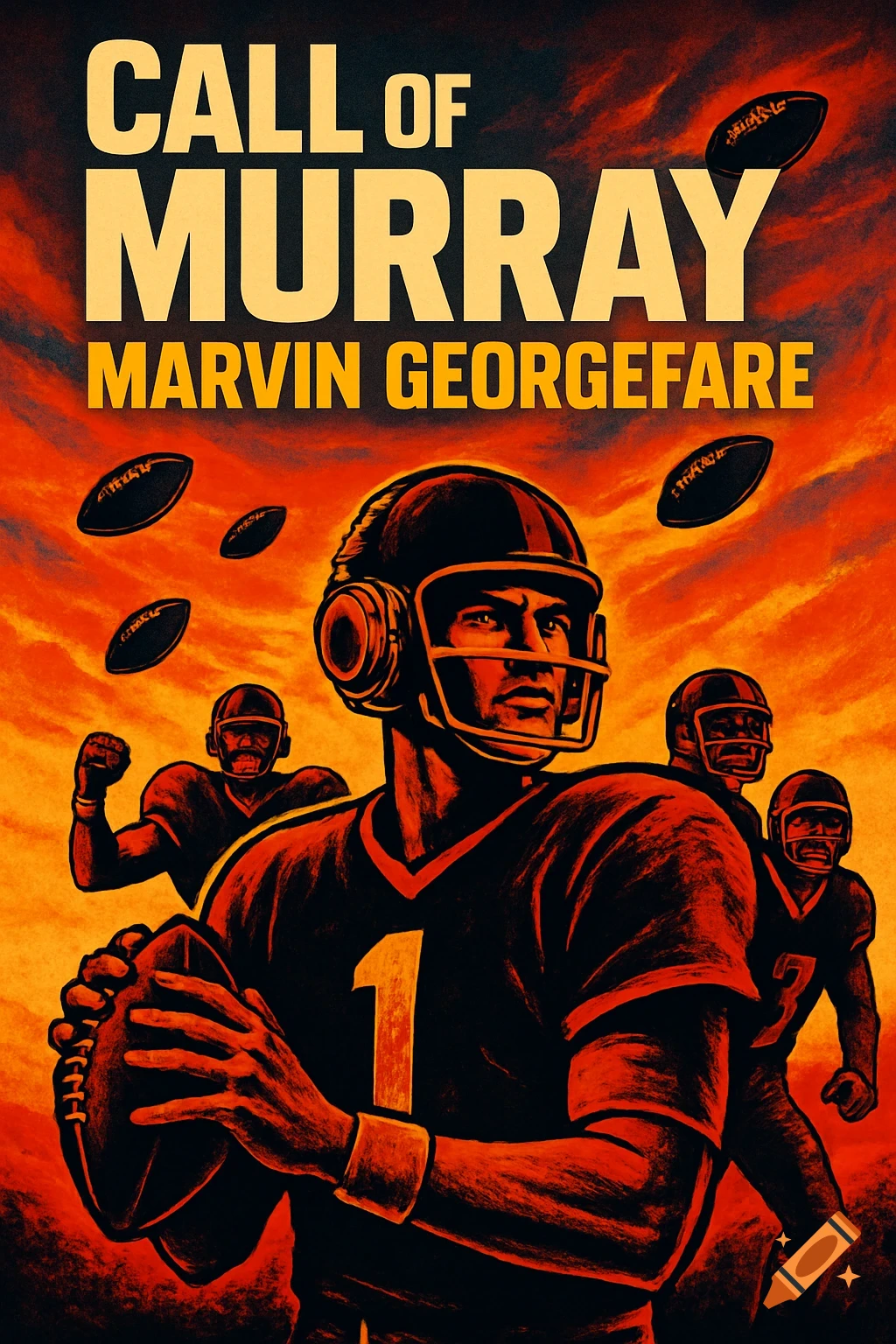 A retro 1980s style parody poster for "CALL OF MURRAY: MARVIN GEORGEFARE" with football players and flying footballs against an orange sunset.