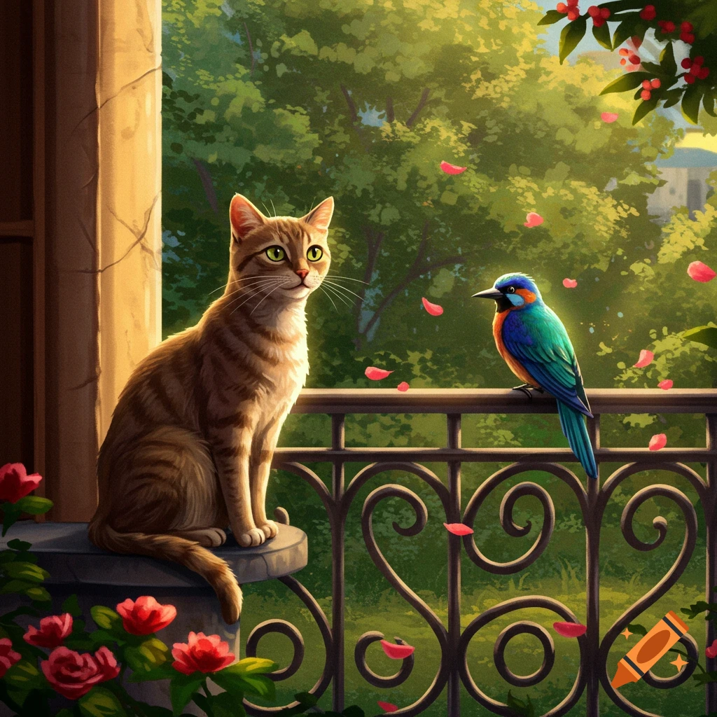 A tabby cat sits on a balcony ledge, observing a colorful bird perched on the railing amidst rose petals and lush greenery, in a painterly style.
