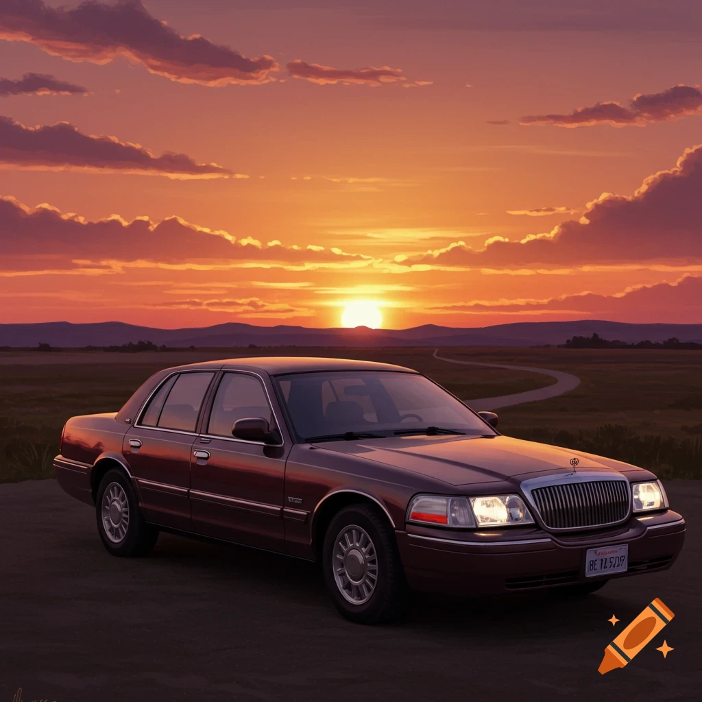 Maroon Grand Marquis sedan parked on a dirt road with headlights on, silhouetted against a vibrant orange and purple sunset over distant hills and fields.
