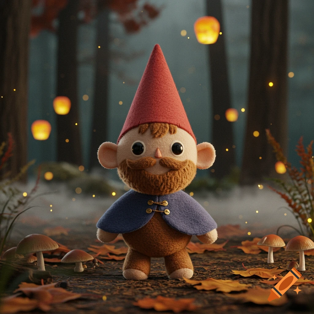 Cute plush gnome in a red hat and blue cape standing in an autumn forest with glowing lanterns and mushrooms.