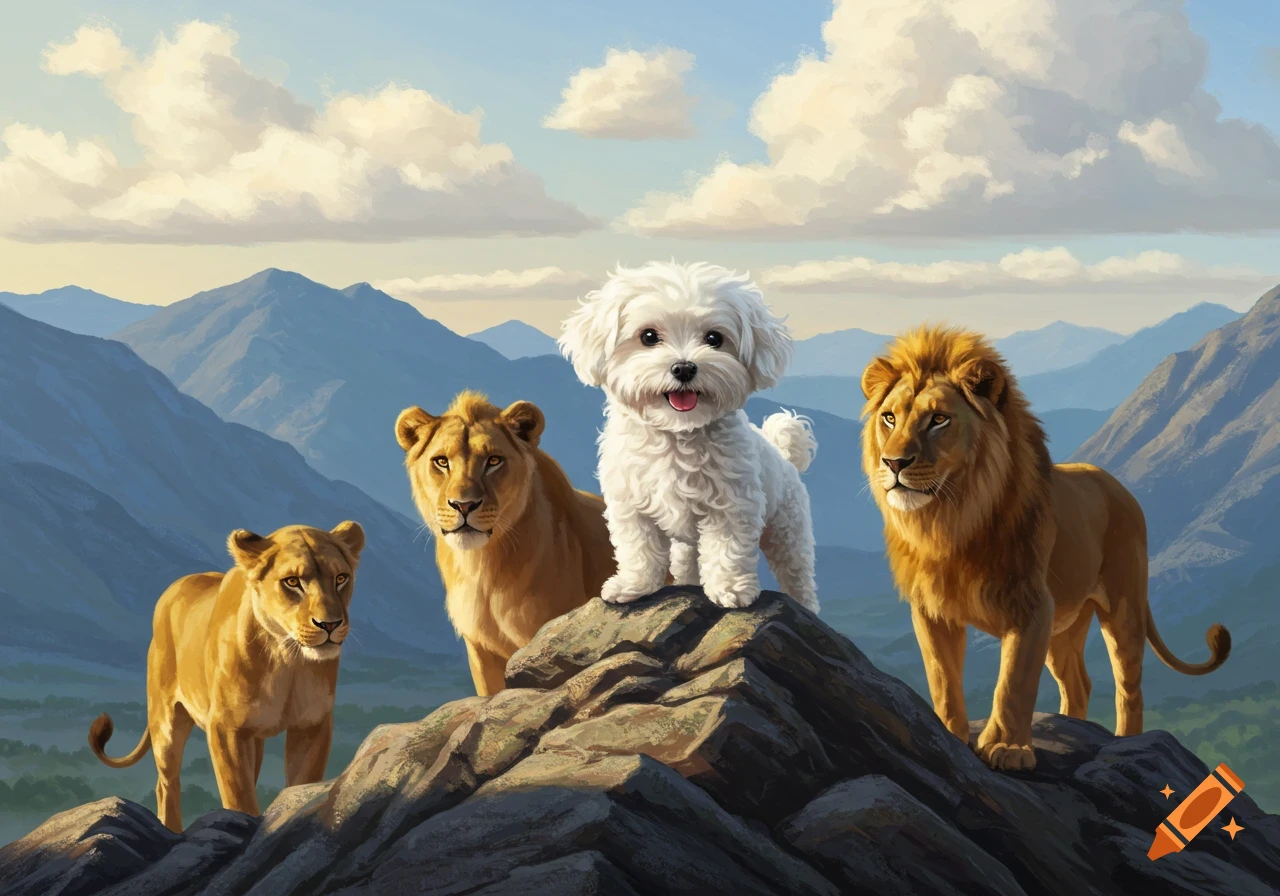 A fluffy white maltipoo stands on a mountain rock with two lions and two lionesses, blue mountains and a cloudy sky in the background, digital painting.