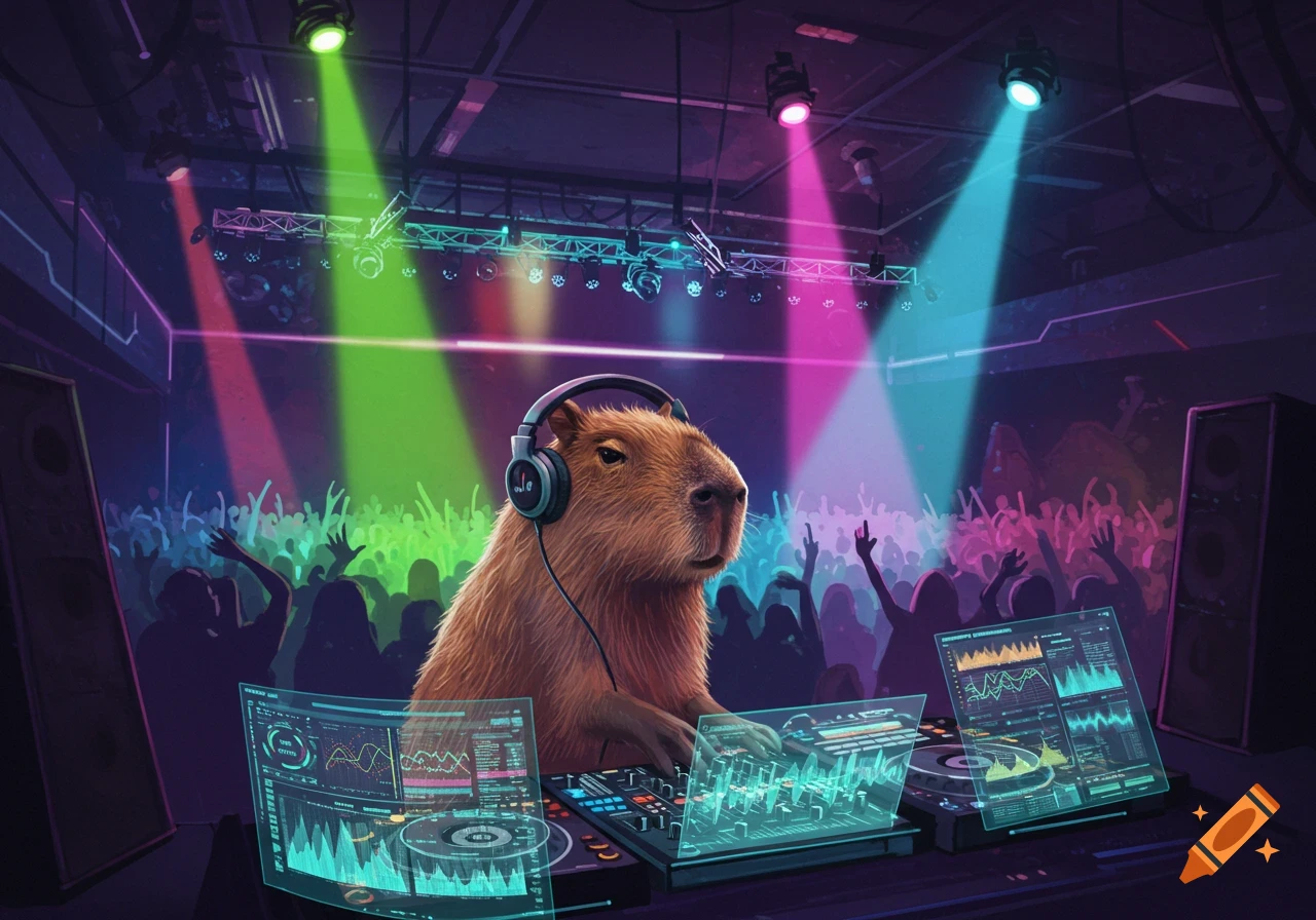 A capybara DJing at a futuristic nightclub, wearing headphones and using holographic equipment, with a dancing crowd and colorful spotlights.