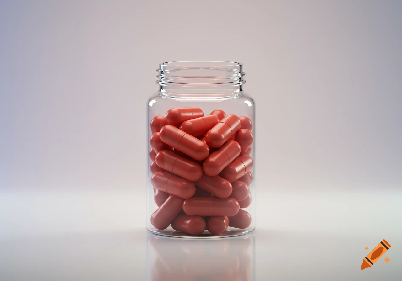 Photorealistic image of a clear glass jar filled with many red capsules on a reflective white surface.