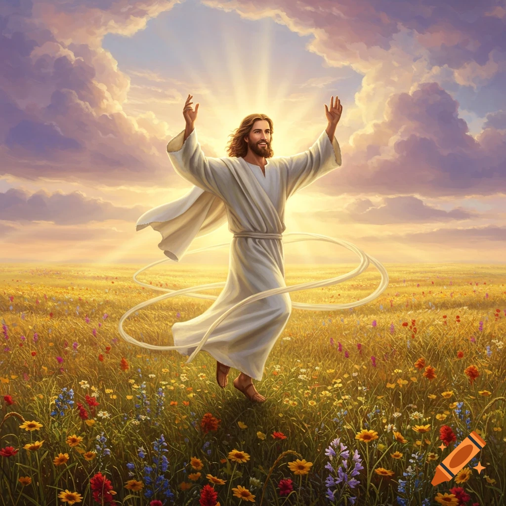 A vibrant painting of Jesus with arms raised in a sunlit field of colorful wildflowers under a cloudy sky.