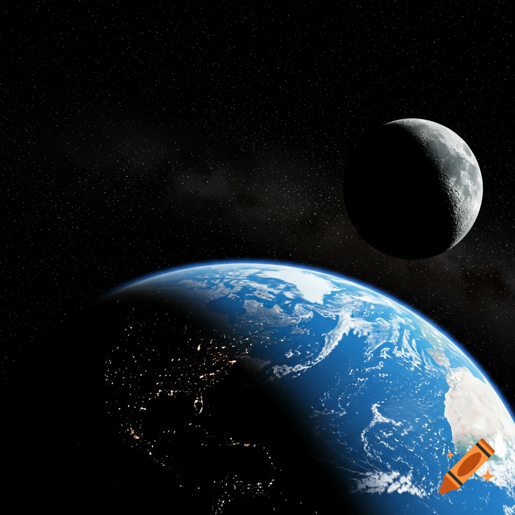 Photorealistic view of Earth from space with the moon in the background.