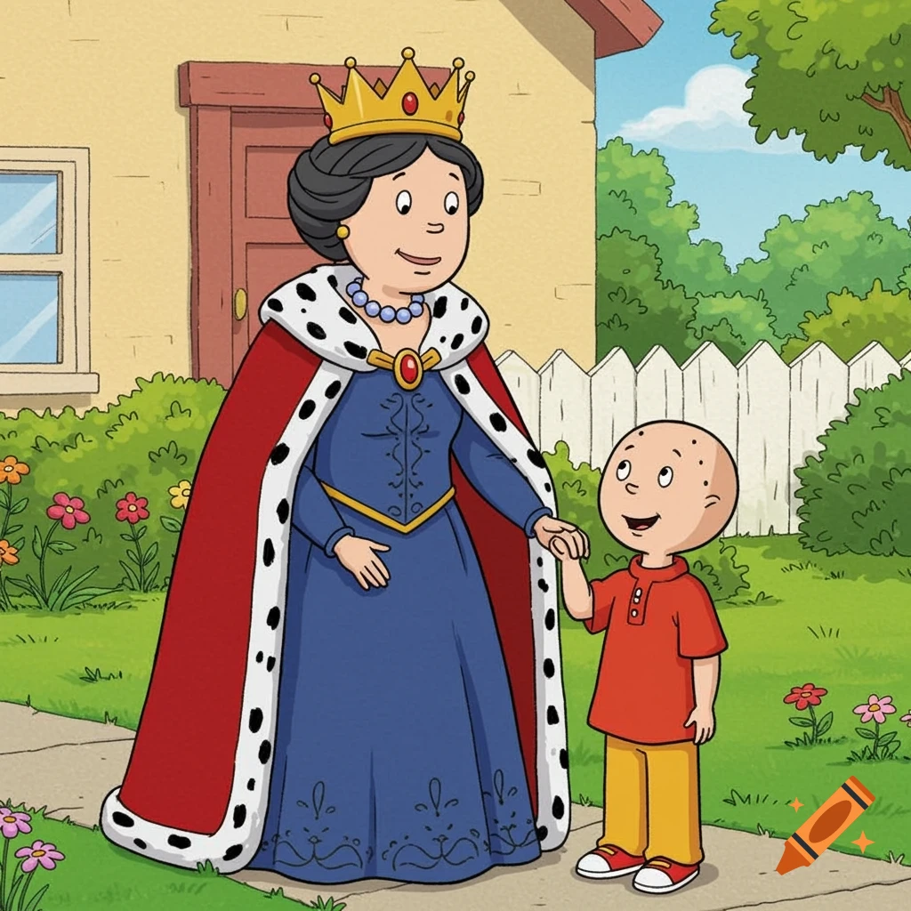 Cartoon of Caillou's mommy, Queen Doris, in a blue gown and red cloak, holding hands with Caillou outside their house.