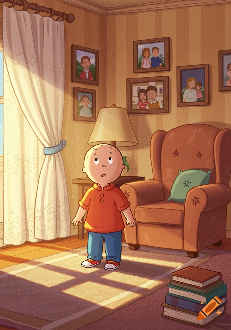 A bald cartoon child in an orange shirt stands looking up in a sunlit living room with an armchair, lamp, and framed family photos.