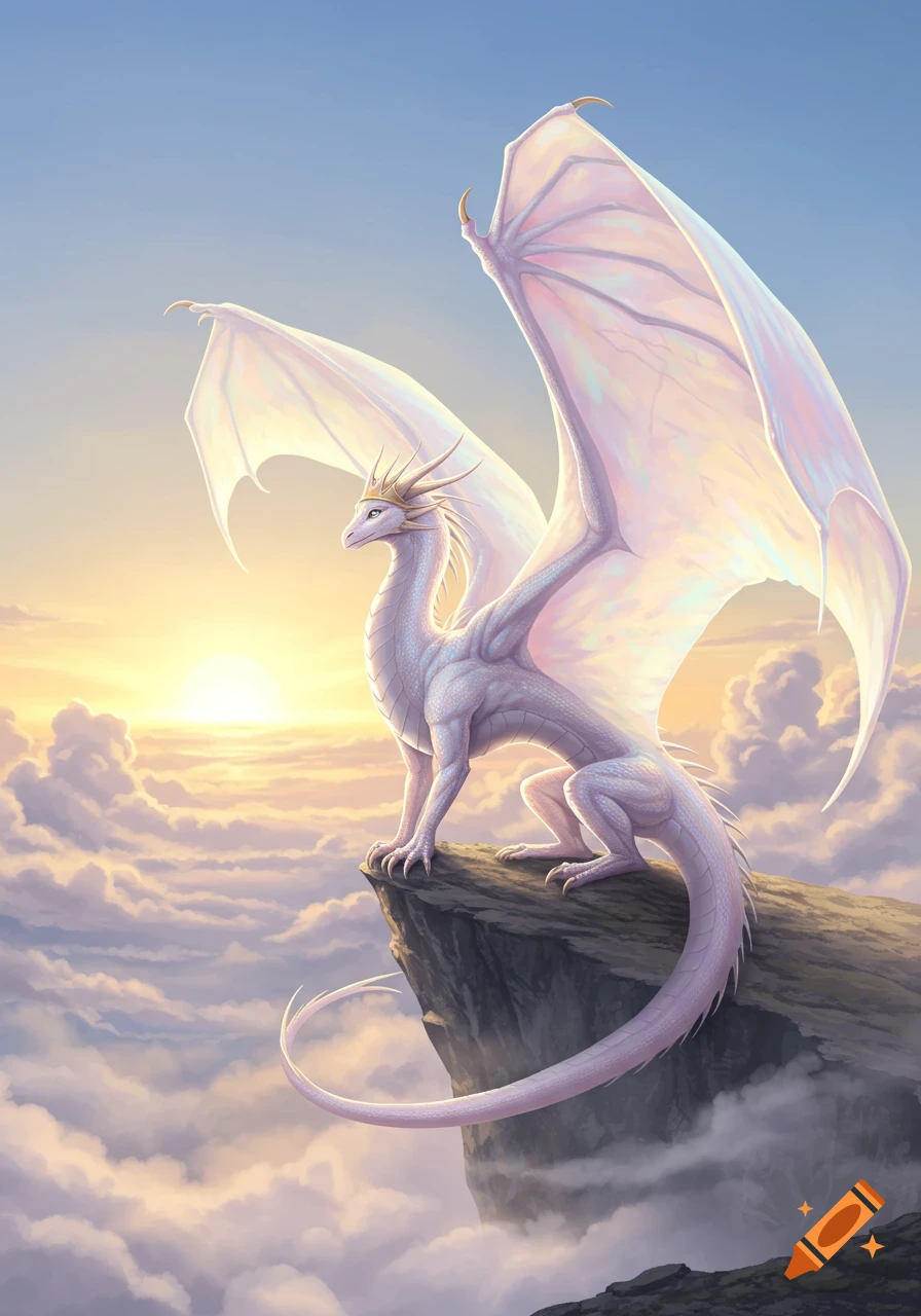 A majestic white dragon with large, iridescent wings perches on a cliff overlooking clouds at sunset.