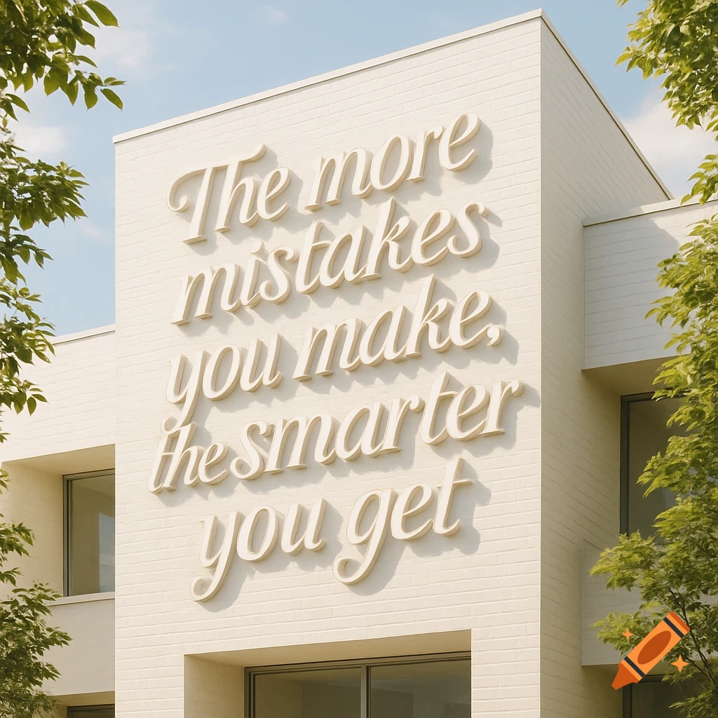 Cream brick building with raised white text, "The more mistakes you make, the smarter you get." Green trees frame the view under a blue sky.