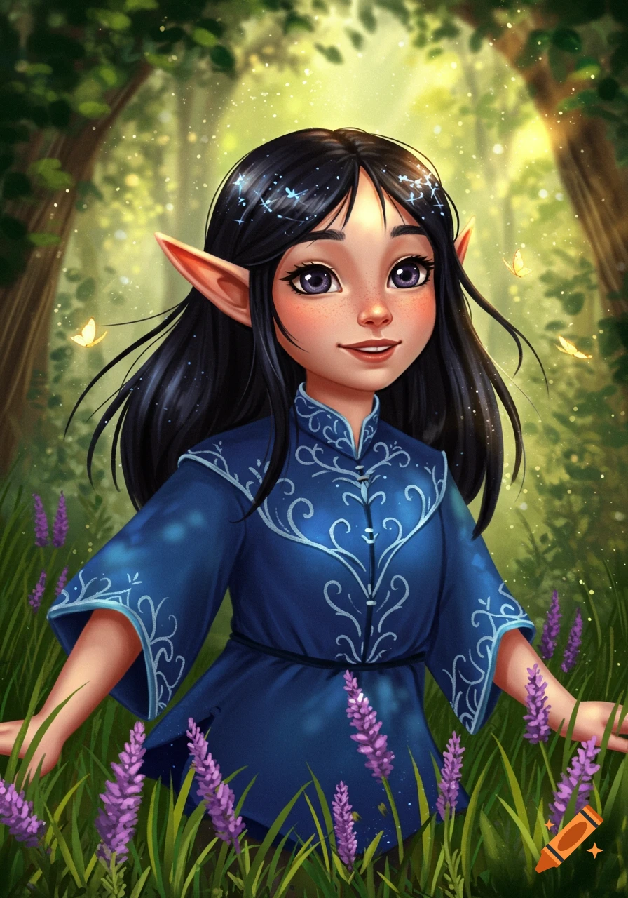 A cute, dark-haired elf with pointed ears and purple eyes, wearing a blue tunic, stands in a field of lavender flowers in a sunny forest.