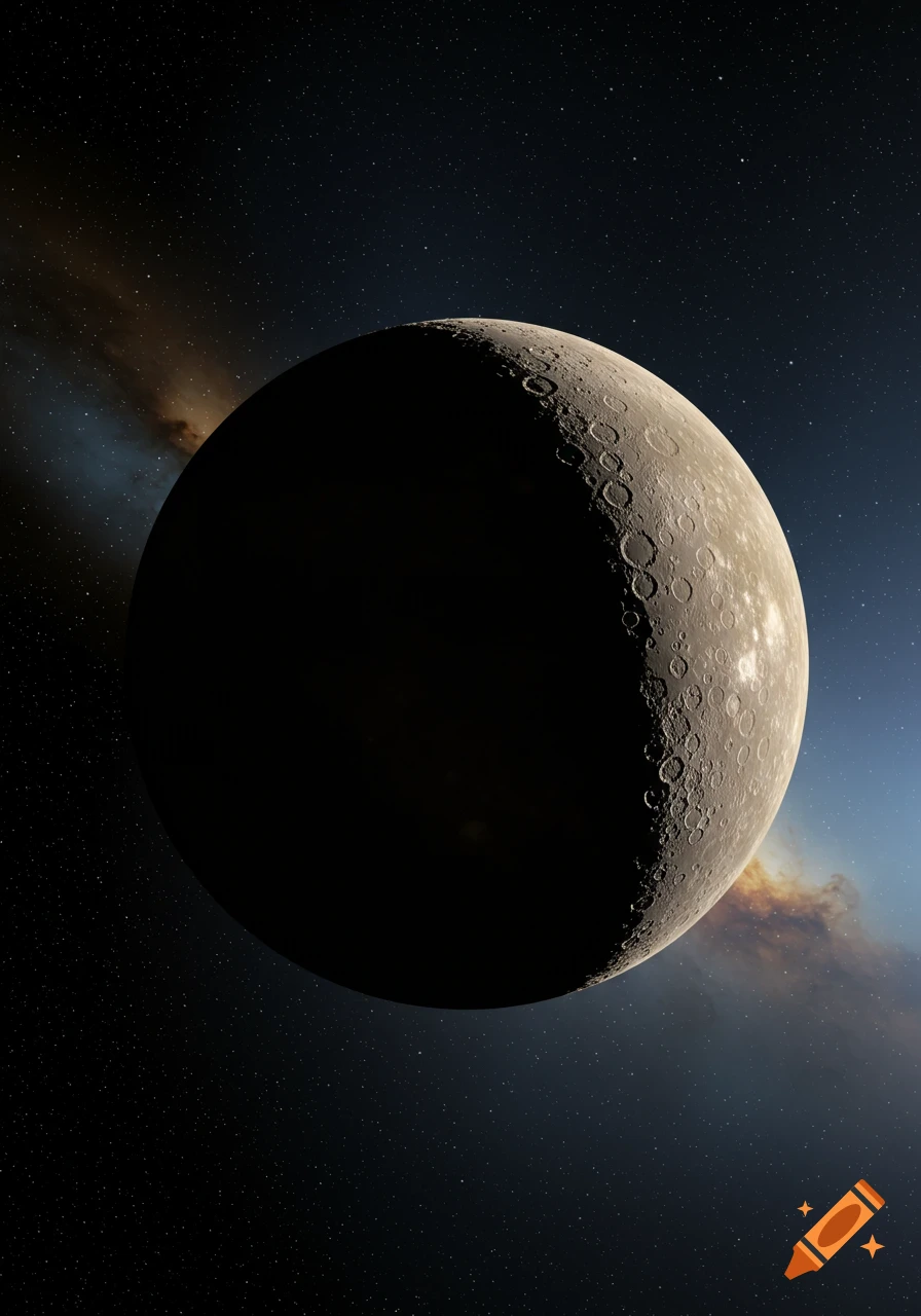 A heavily cratered planet, partially illuminated, set against a dark, star-filled space with cosmic dust and nebulae.