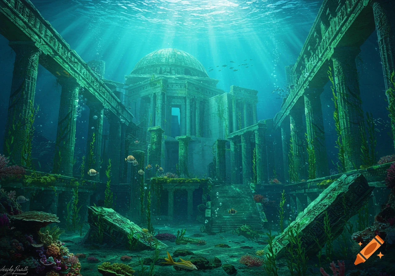 An underwater ancient lost city featuring a large domed temple, towering pillars, and stairs, overgrown with vibrant coral and marine plants, with fish swimming in sun-dappled waters. Fantasy art.