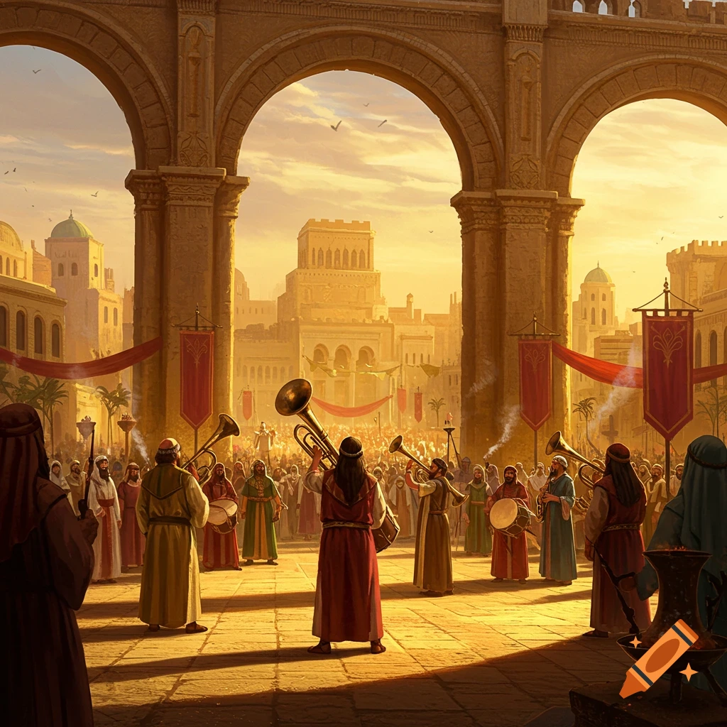 A large crowd in ancient robes celebrates a religious festival, many playing trumpets and drums under stone arches in a sunlit city.