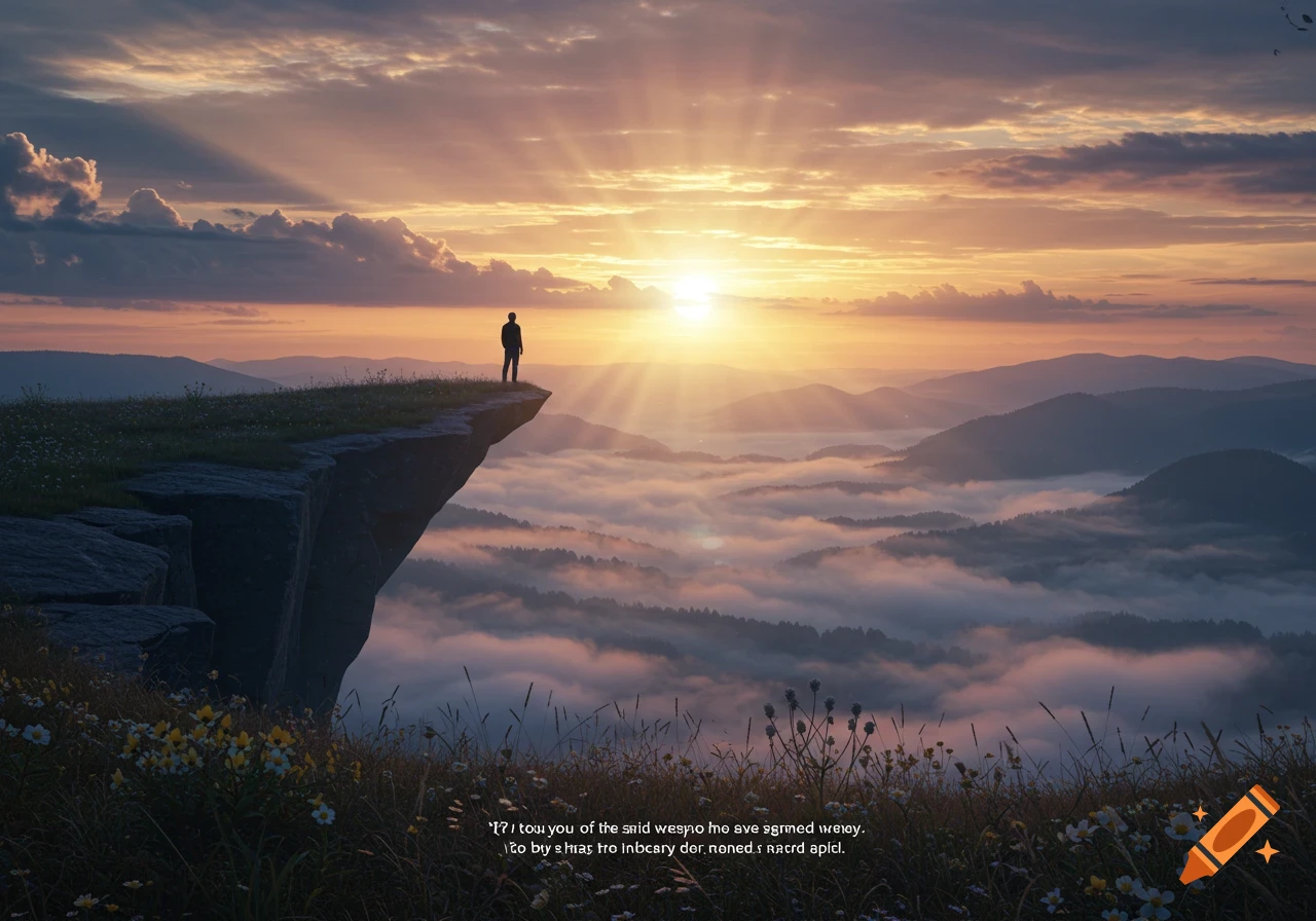 A person stands on a cliff edge, silhouetted against a vibrant sunrise over a misty mountain range.