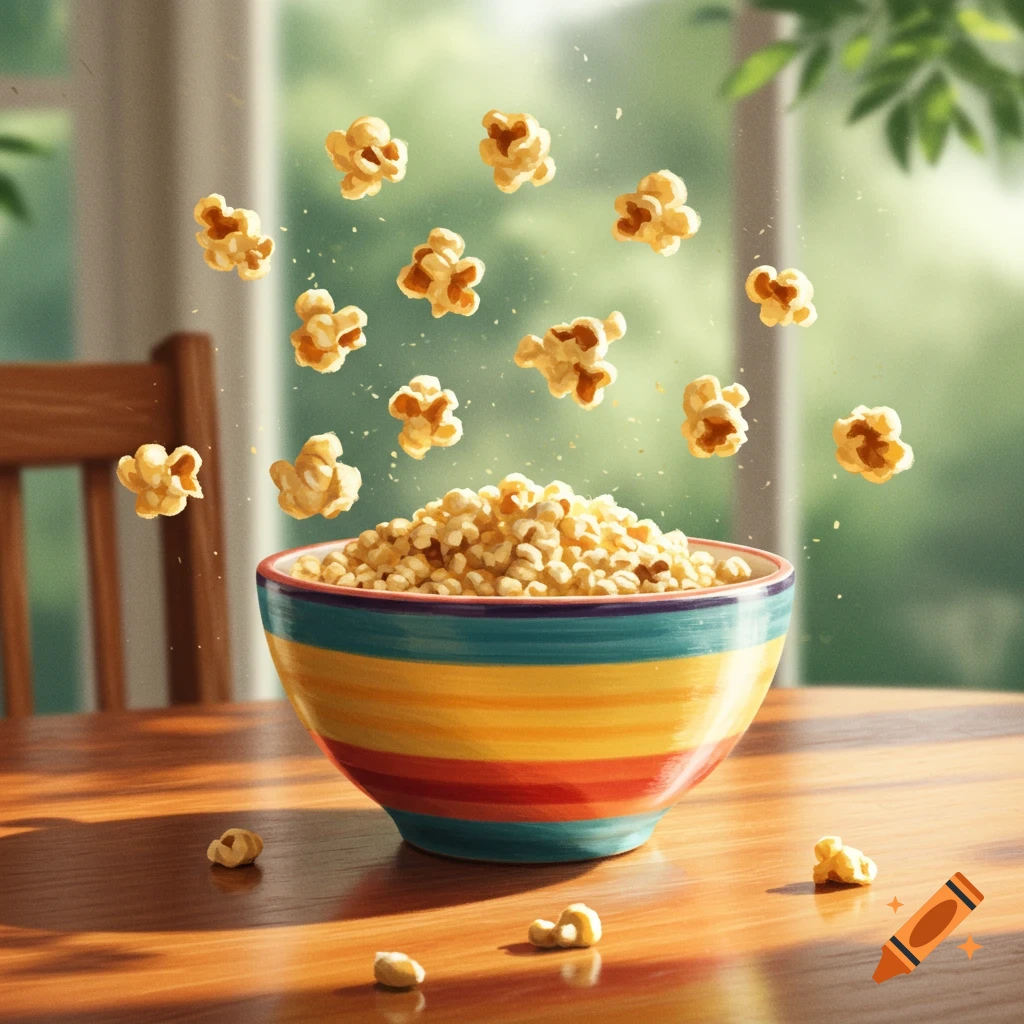 Whimsical illustration of popcorn floating into and around a vibrant, striped bowl on a sunlit wooden table, with a blurred green background.