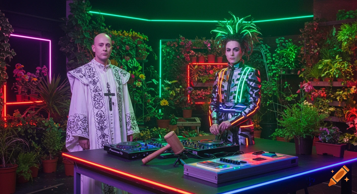Two DJs, one dressed as a priest and one in a futuristic outfit, stand behind DJ decks in a plant-filled room with neon lights.