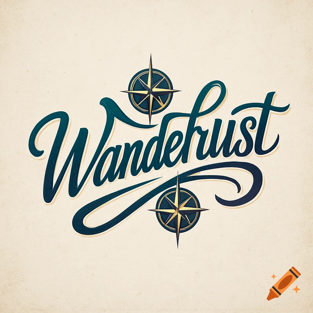 Stylized blue and gold 'Wanderlust' logo with two compass roses on a textured cream background.
