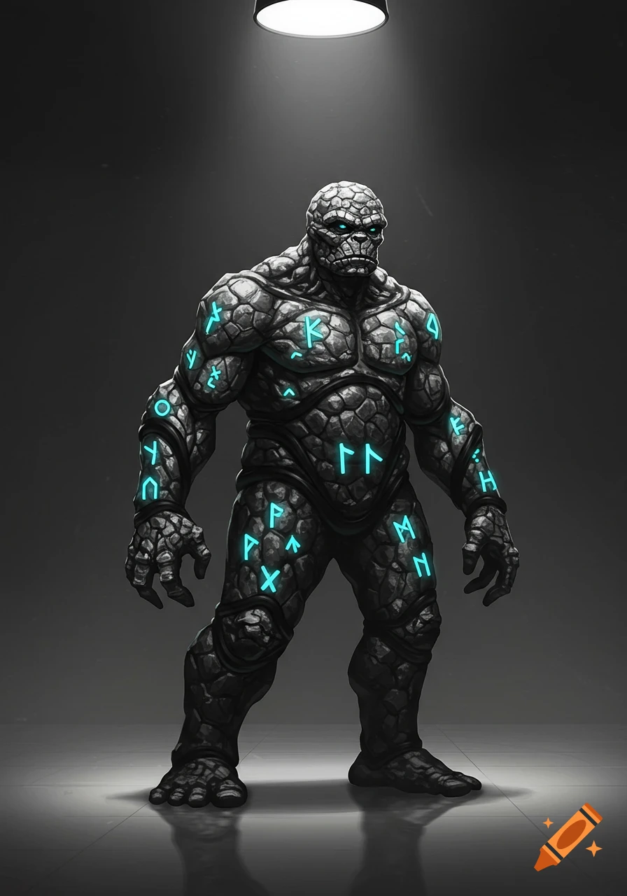 A dark gray, rock-skinned humanoid creature with glowing blue runic symbols on its body stands under a spotlight.
