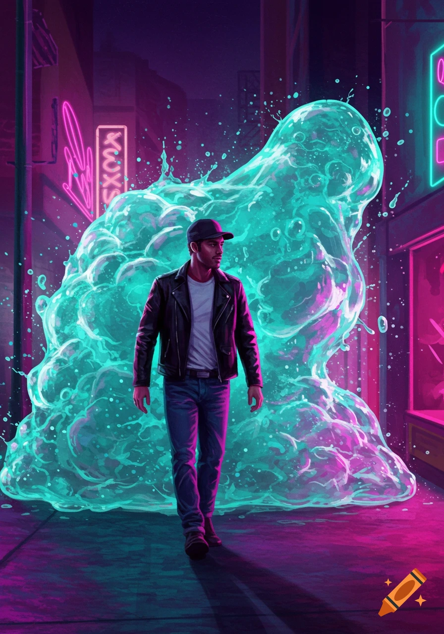 A man in a leather jacket walks past a glowing, turquoise, frothy gel explosion in a neon-lit cyberpunk street.