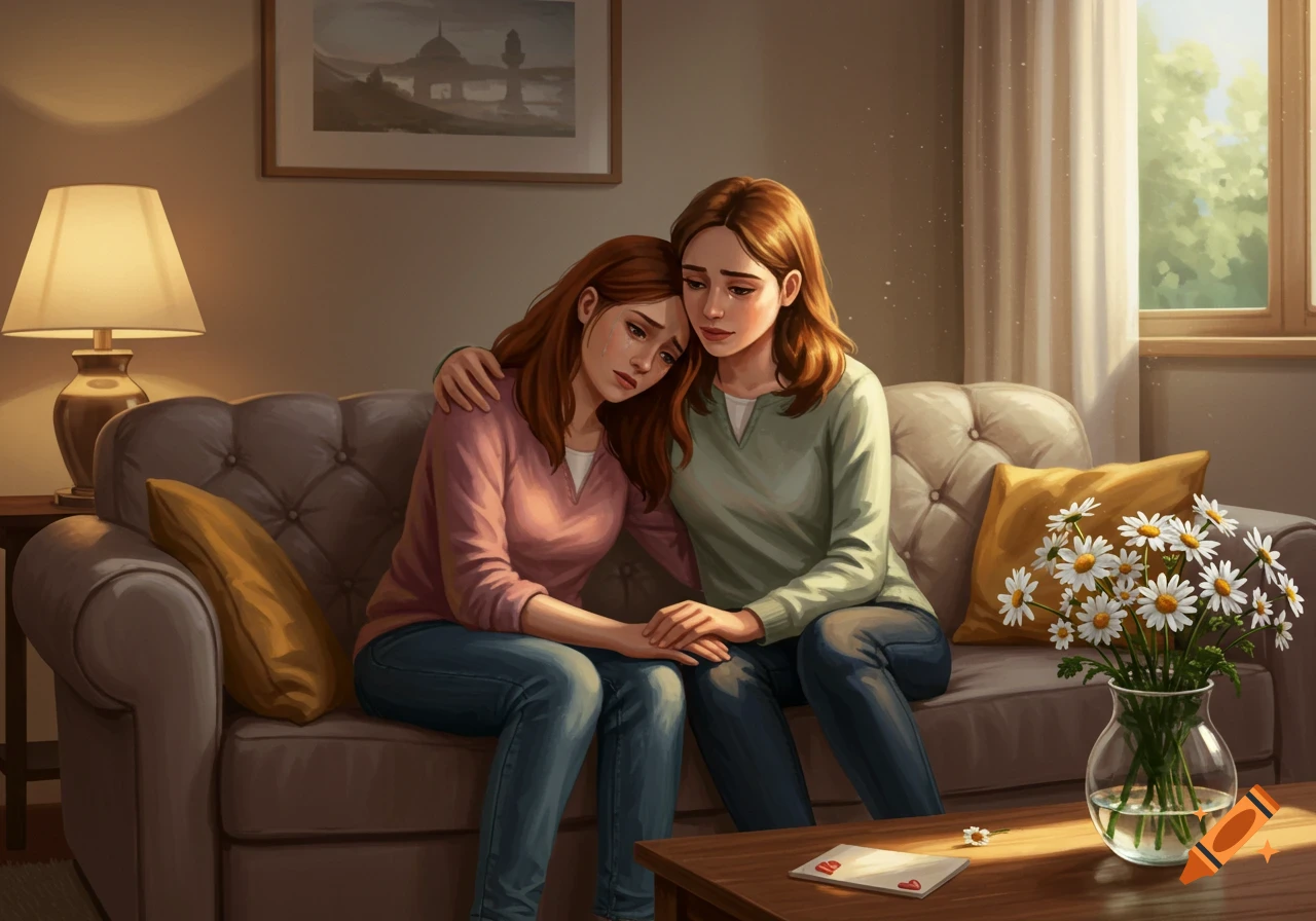 Two women, one with red hair, console each other on a couch in a living room, in a digital painting style.