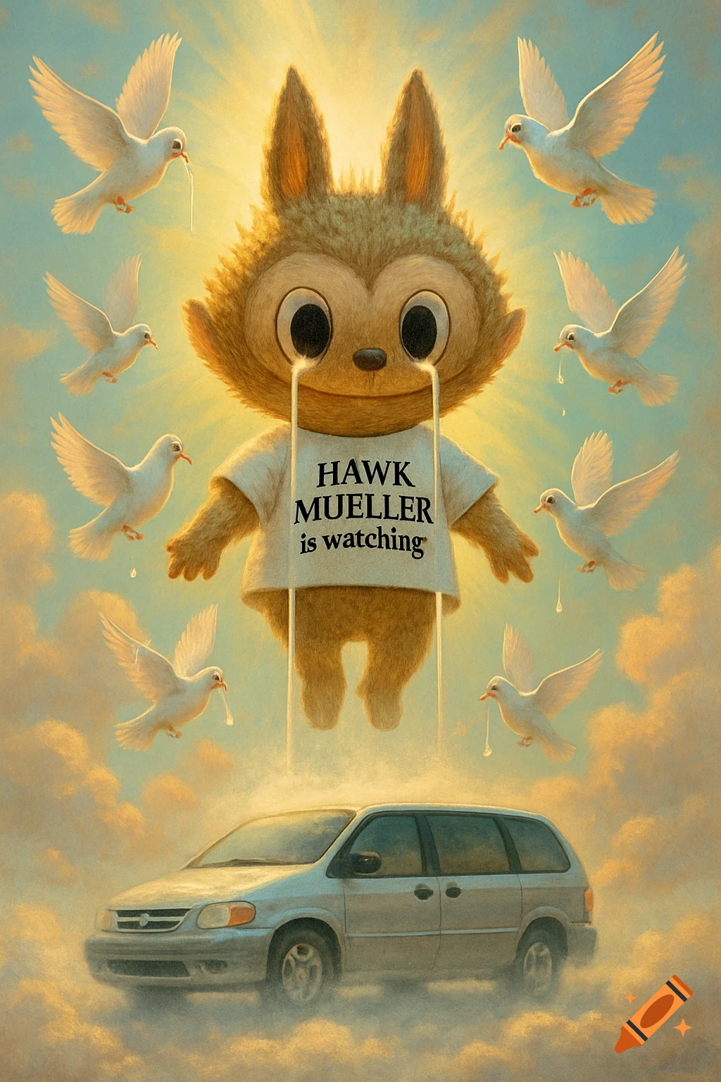 Furry, crying cartoon character with 'HAWK MUELLER is watching' shirt hovers over minivan, surrounded by milk-crying doves in a surreal sky.