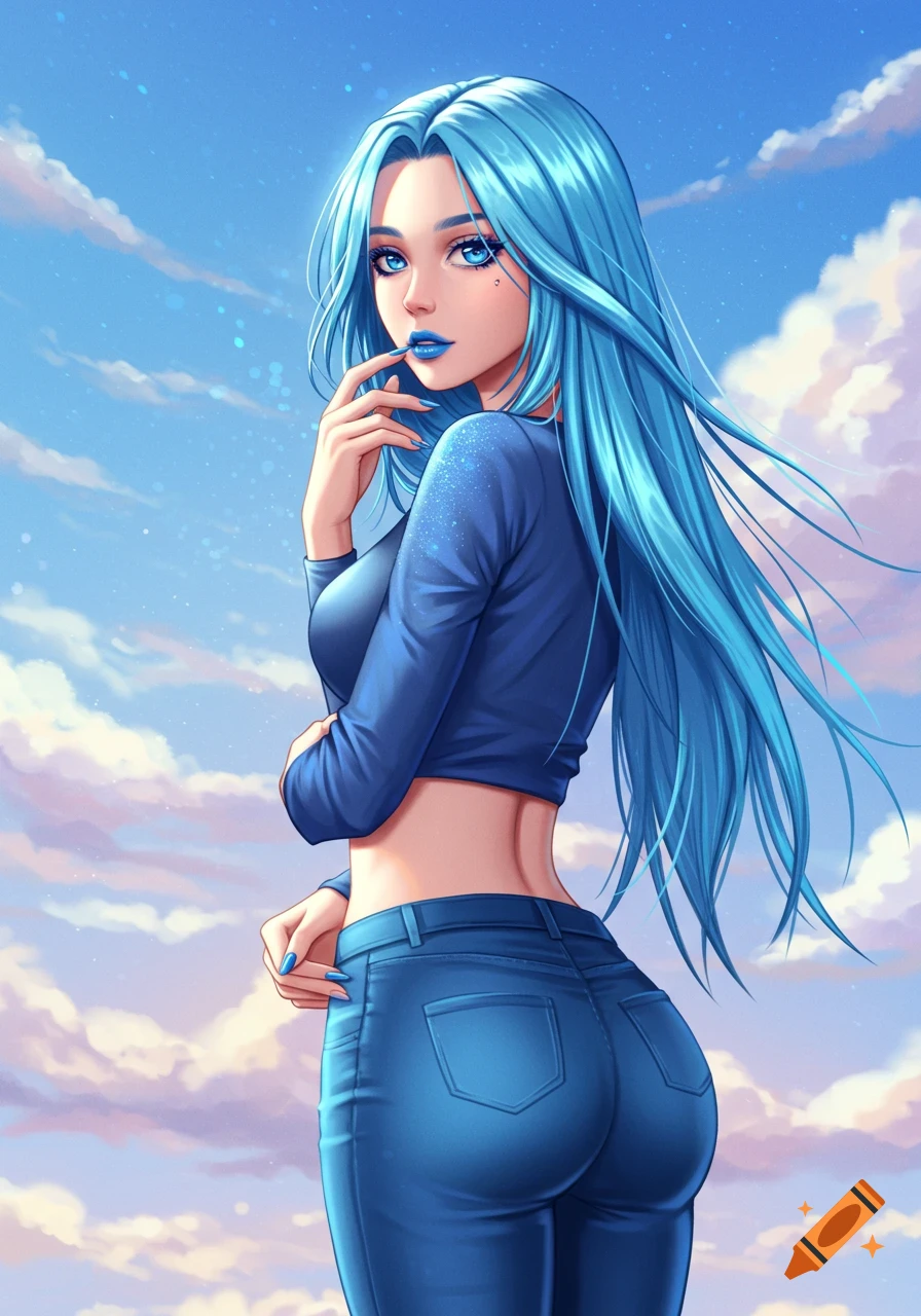 Anime girl with long blue hair, blue eyes, and blue outfit looking back over her shoulder against a cloudy blue sky. Illustration.