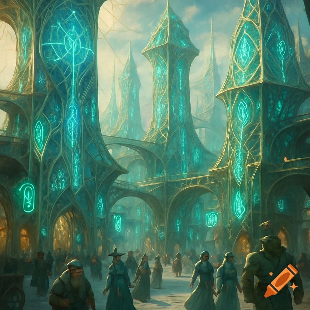 High fantasy cityscape with towering, glowing teal solarpunk structures adorned with arcane runes. People walk on the layered streets below amidst a light mist.