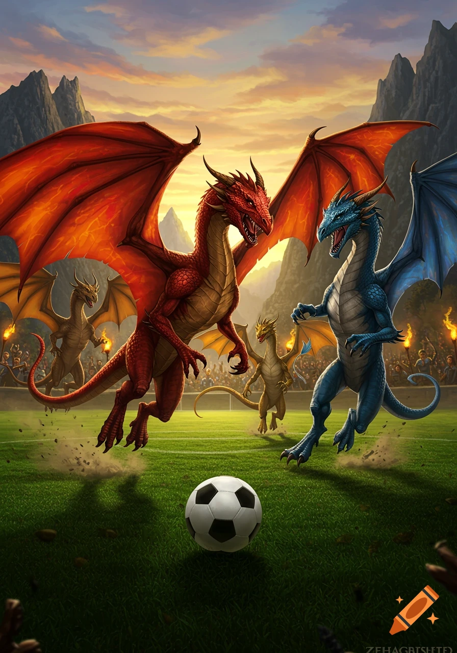 Two large dragons, red and blue, play soccer on a green field under a sunset sky, with smaller dragons and a crowd in the background.