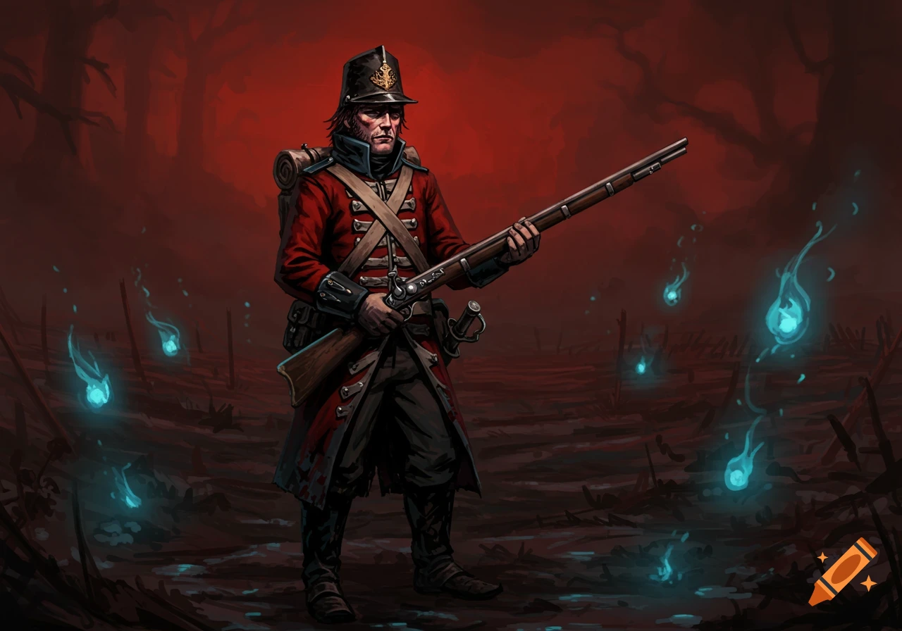 A stylized 1800s British redcoat soldier with a musket stands in a dark, eerie landscape with glowing blue spirits, in the style of Darkest Dungeon.