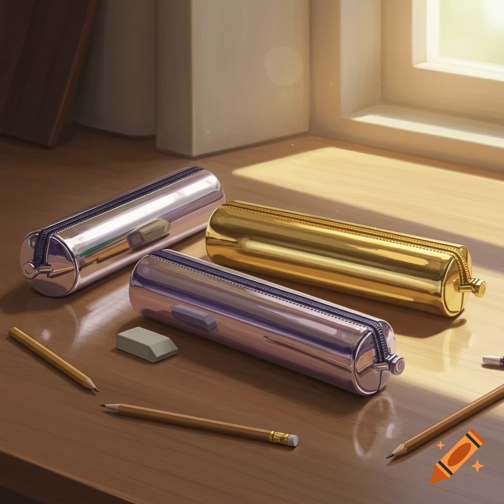 Three metallic pencil cases (silver, gold, and purple) with pencils and an eraser on a wooden desk near a sunlit window.