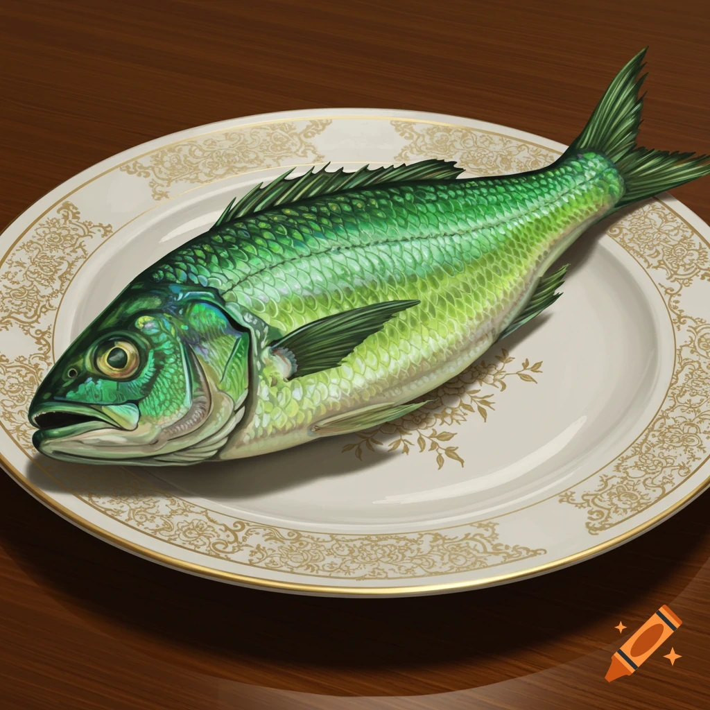 Vibrant green fish on an ornate white plate with gold trim, resting on a wooden table. Still life.