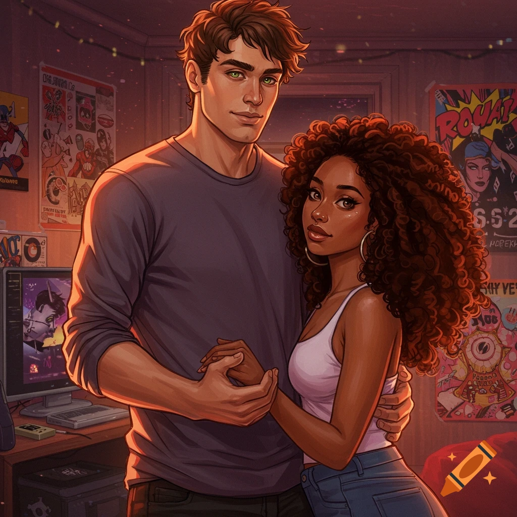 A young man with brown hair and green eyes embraces his girlfriend with dark curly hair in a warmly lit room. Digital art.