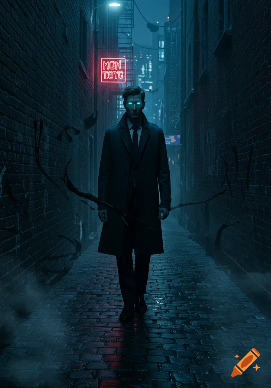 A man with glowing blue eyes and a black trench coat stands in a dark, wet alleyway with brick walls and a neon sign.