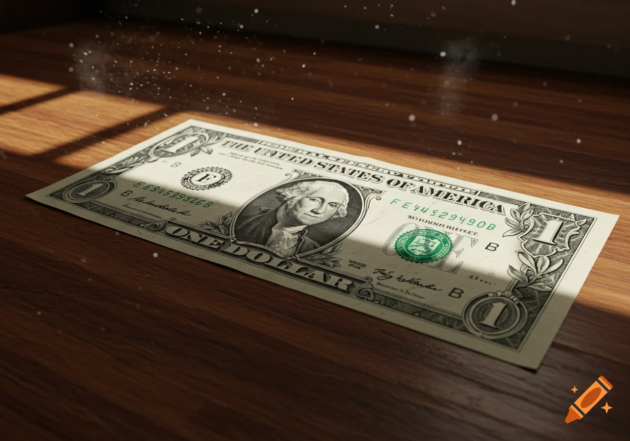 A single US dollar bill lies on a wooden floor, partially illuminated by a beam of sunlight with visible dust particles. Photorealistic style.