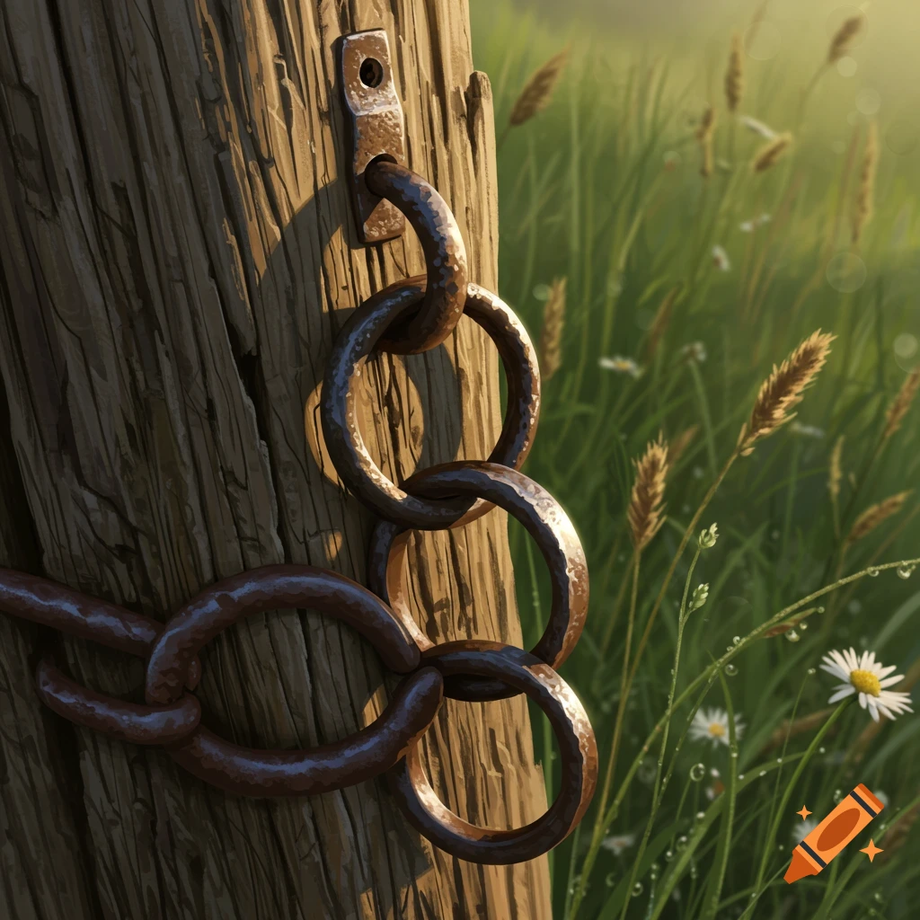 Close-up of rusted iron chains attached to a weathered wooden post, with sunlit green grass and small white flowers in the background.