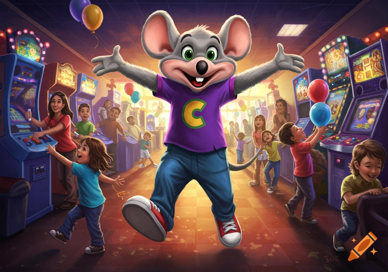 A joyful Chuck E. Cheese mascot with arms outstretched, surrounded by happy children playing arcade games in a colorful entertainment center.