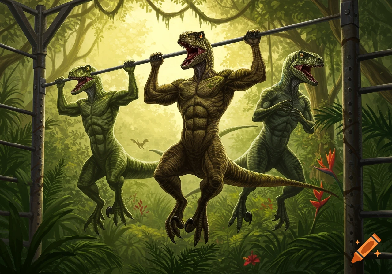 Three muscular, humanoid velociraptors do pull-ups on a metal bar in a vibrant jungle setting, in an illustrative fantasy style.