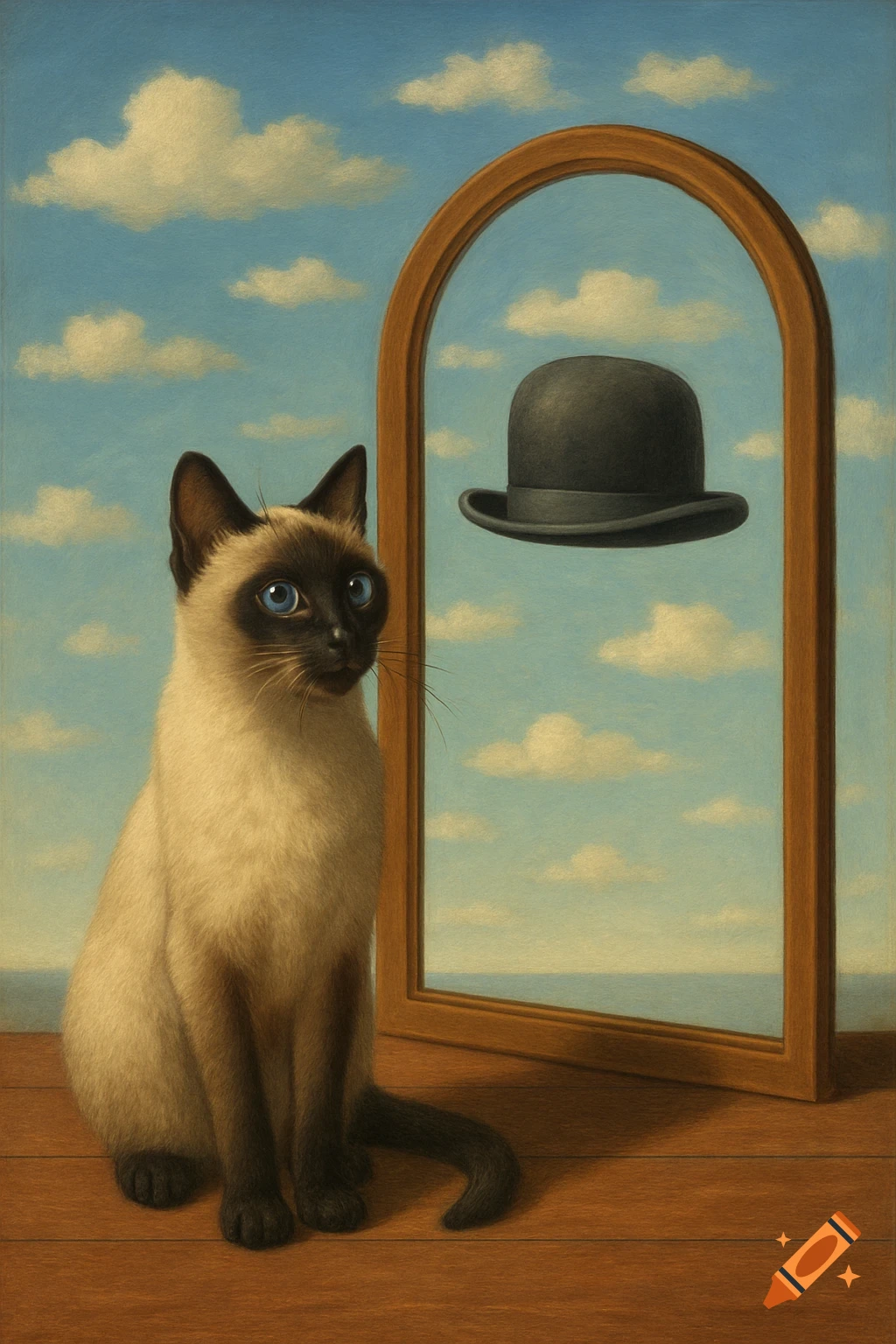 Surrealist painting of a Siamese cat on a wooden floor, looking at a mirror reflecting a black bowler hat in a cloudy sky.