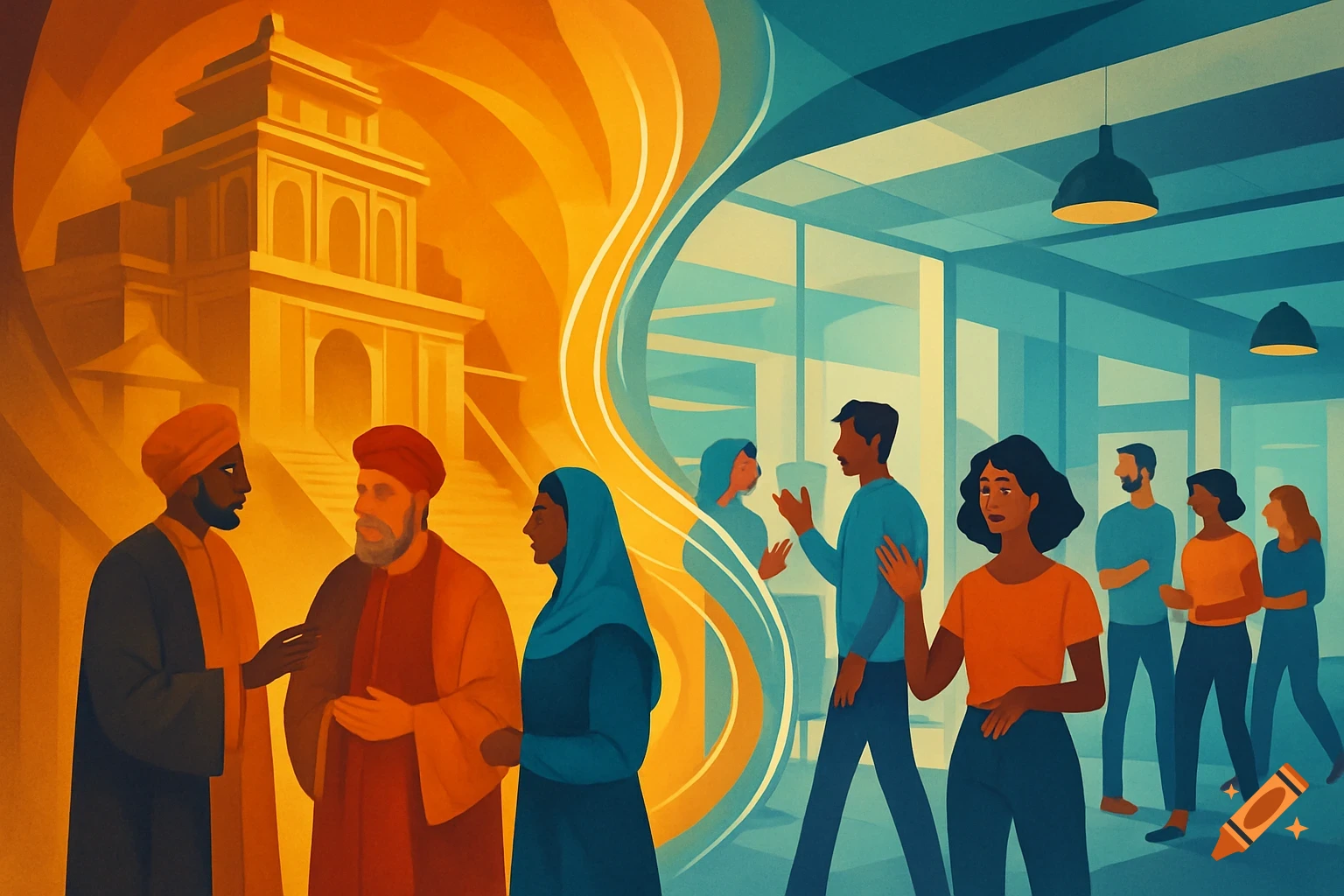 Stylized illustration showing a cultural divide: people in traditional garb and architecture (left) versus modern office workers (right).