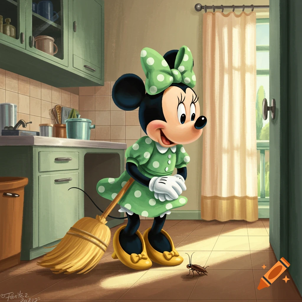 Minnie Mouse in a green polka dot dress looks down at a cockroach while holding a broom in a kitchen.