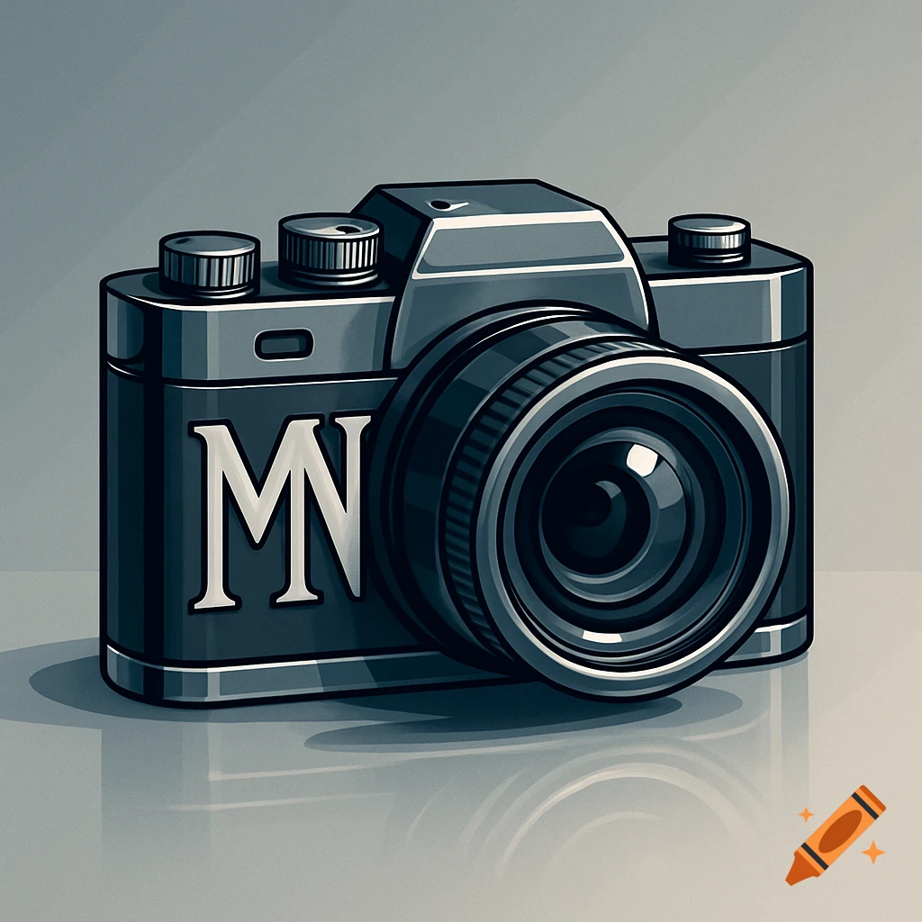 Vector illustration of a grey camera with 'MN' initials, featuring a large lens and control dials.